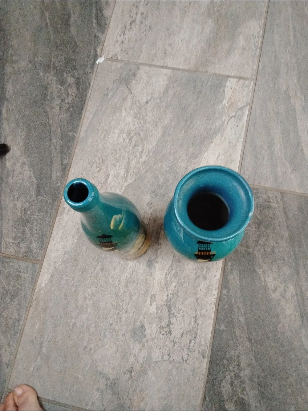 Turquoise Lighthouse Paintrd Glass Bottle And Vase - Home Accents